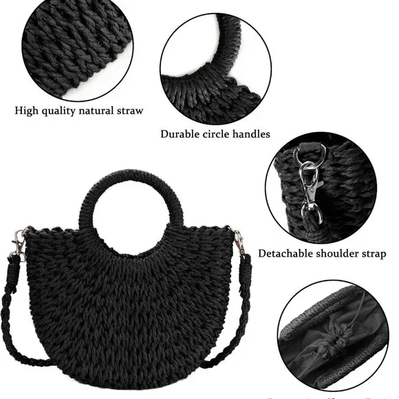 Womens Straw Beach Bag Woven Crossbody Shoulder Bags Top Handle Satchel Handbag - Picture 4 of 6